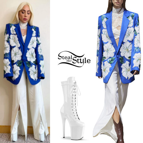 Blue Floral Blazer, White Pants