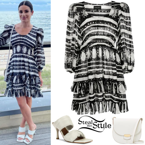 Black Printed Dress, White Sandals