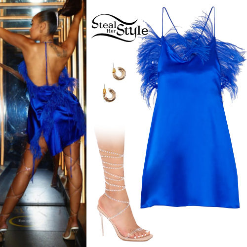 Blue Feather Dress, Clear Sandals