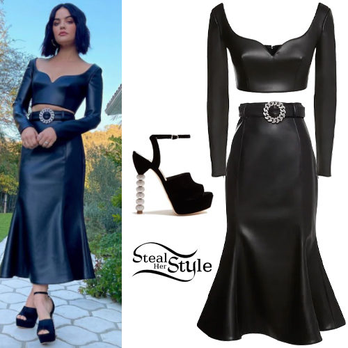 Black Faux-Leather Crop Top and Trumpet Midi Skirt