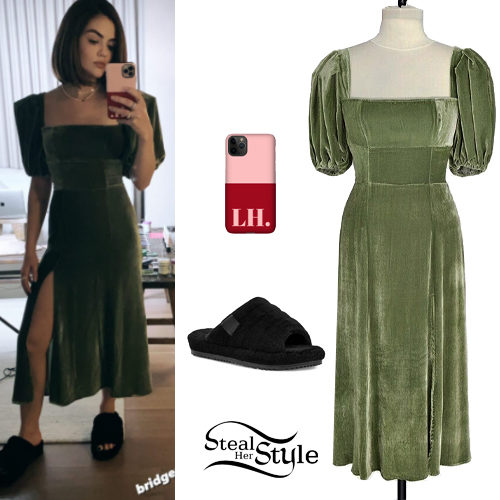 Green Velvet Dress, Fur Flats