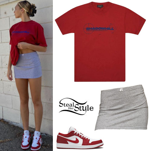 Red T-Shirt, Grey Skirt