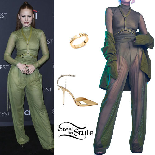 Green Outfit, Gold Pumps