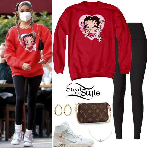 Red Sweatshirt, Black Leggings