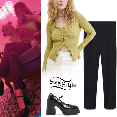 Green Cardigan, Black Pants