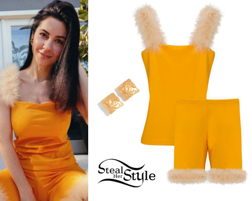 Orange Feather-Trim Top and Biker Shorts