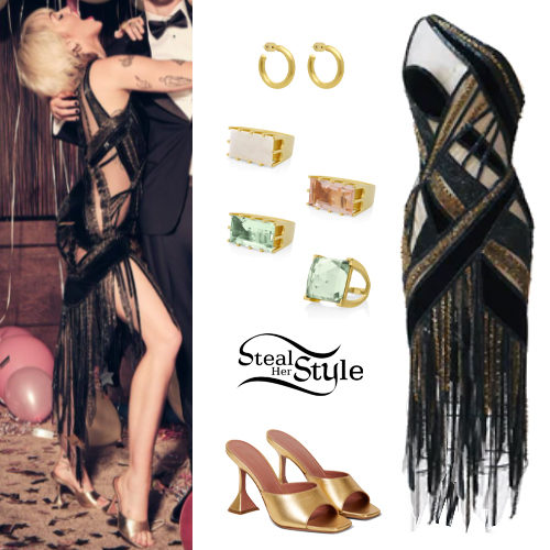 Black and Gold Fringe Midi Dress with Amina Muaddi Mules