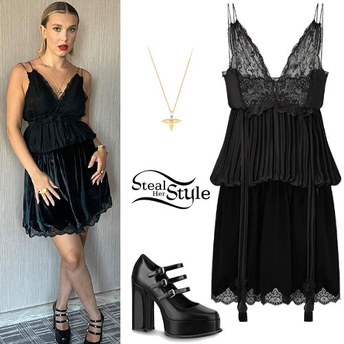 Lace-Trimmed Mini Dress and Triple-Strap Platform Pumps
