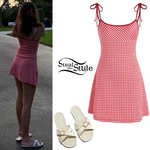 Red Check Dress, White Sandals