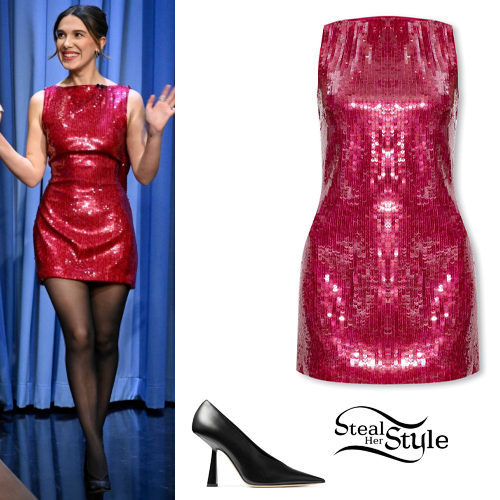 Red Sequin Mini Dress and Black Leather Pumps