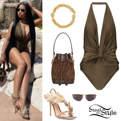 Brown Plunging Bodysuit and Feather Sandals