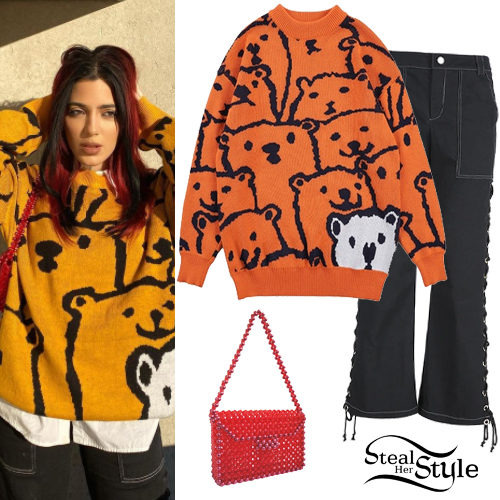 Orange Printed Sweater, Red Bag