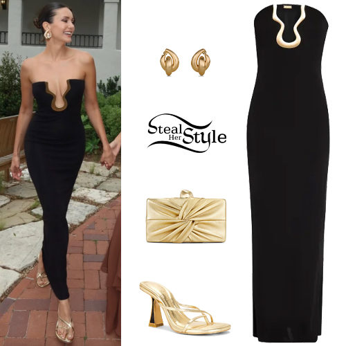 Black Dress, Gold Sandals