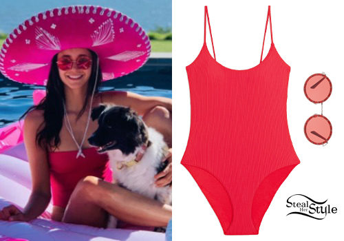 Red Swimsuit and Round Sunglasses