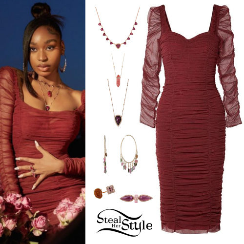 Burgundy Dress, Gold Jewelry
