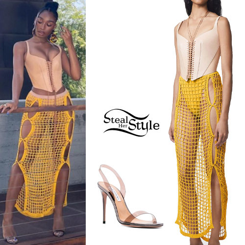 Leather Corset, Yellow Crochet Skirt