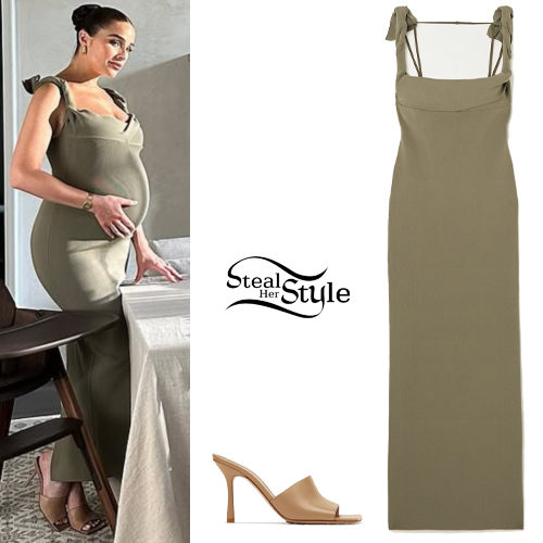 Green Jacquemus Dress and Nude Bottega Veneta Mules