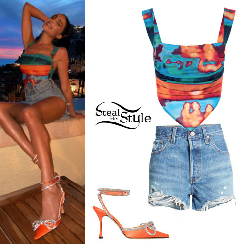 Printed Top, Denim Shorts