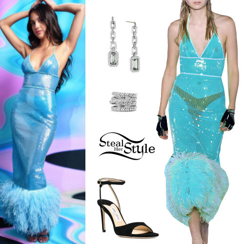 Sequined Halter Dress and Feather Hem