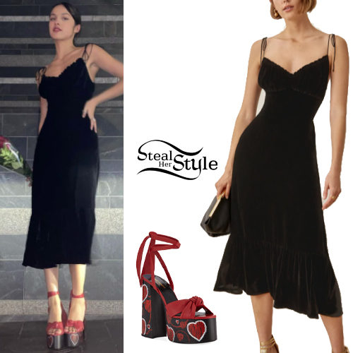 Black Velvet Midi Dress and Heart Print Platforms