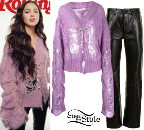 Purple Distressed Cardigan and Moon-Print Trousers