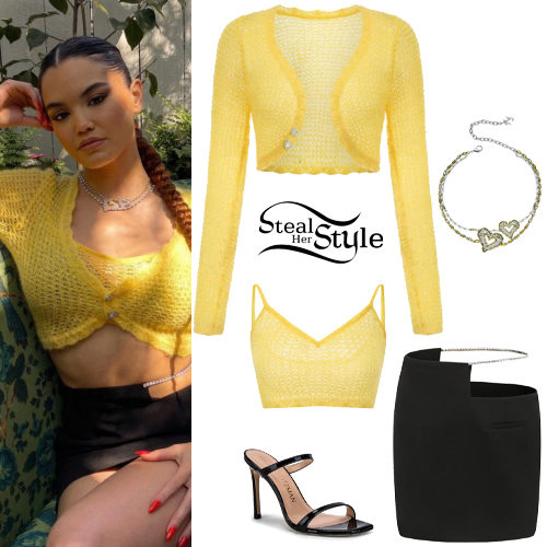 Yellow Cardigan, Black Mini Skirt