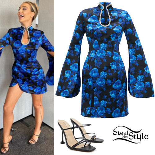 Blue Floral Dress, Black Mules