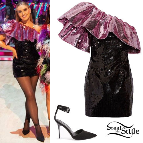 Sequined One-Shoulder Mini Dress and Mesh Pumps