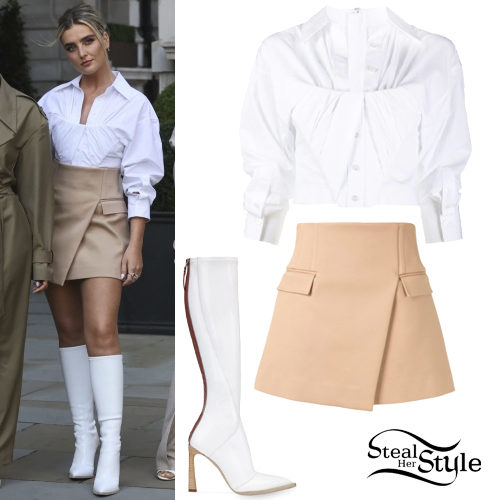 White Blouse, Beige Mini Skirt