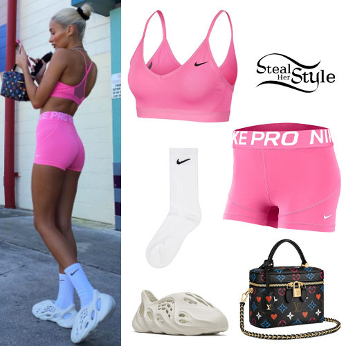 Pink Nike Pro Set and Yeezy Foam Runners
