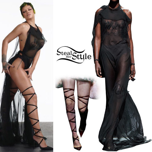 Black Sheer Maxi Dress and Lace-Up Pumps