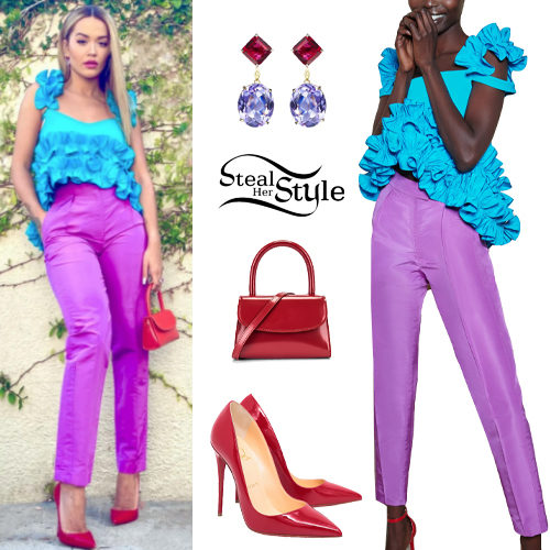 Turquoise Blouse, Purple Pants