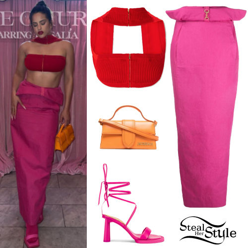 Red Cutout Bandeau Top and Pink Maxi Skirt