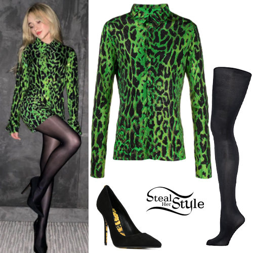 Green Leopard Shirt, Black Pumps