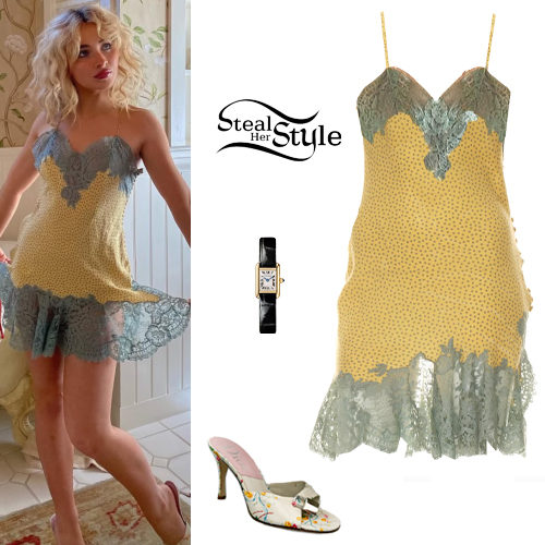 Yellow Lace-Trim Slip Dress and Floral Dior Mules