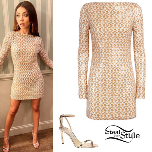 Printed Mini Dress, Gold Shoes