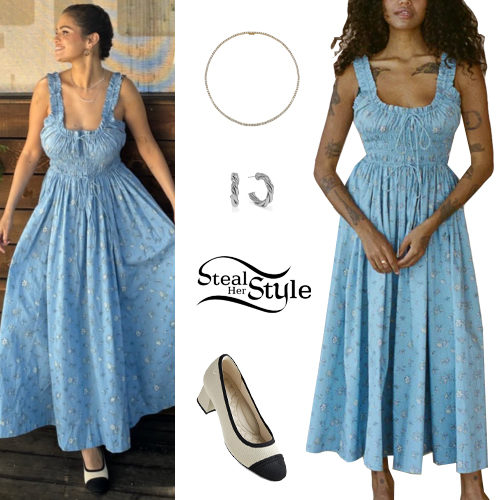 Blue Floral Dress, Beige Heels