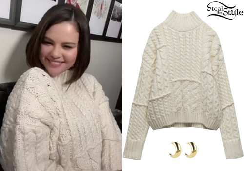 Cable Sweater, Gold Hoops