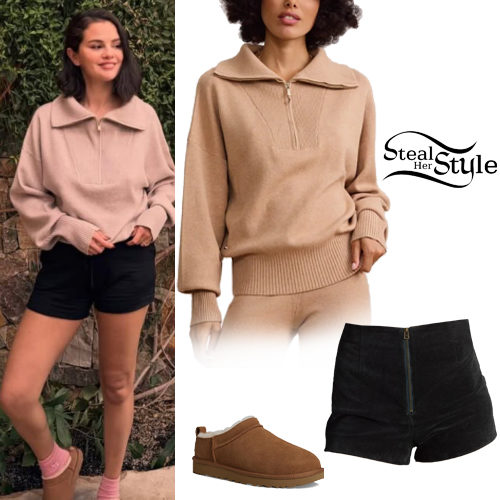 Camel Sweater, Black Shorts