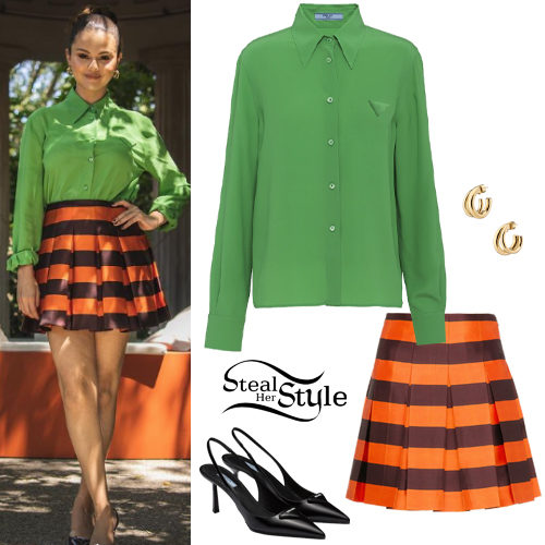 Green Prada Shirt and Striped Mini Skirt