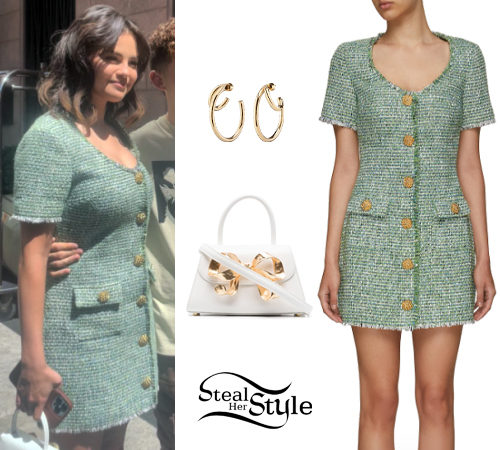 Green Tweed Mini Dress and Bow-Embellished Bag