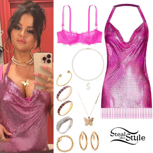 Pink Chainmail Dress, Gold Hoops