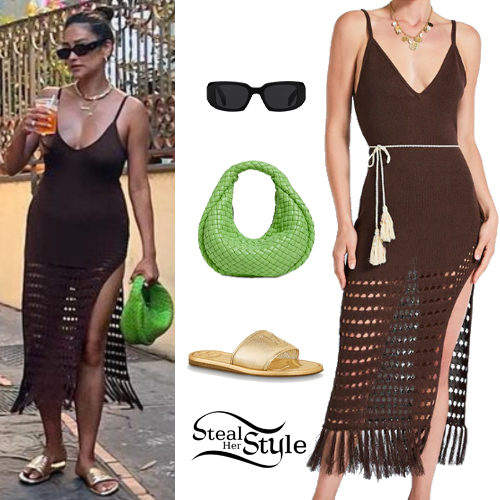 Brown Crochet Dress, Green Bag