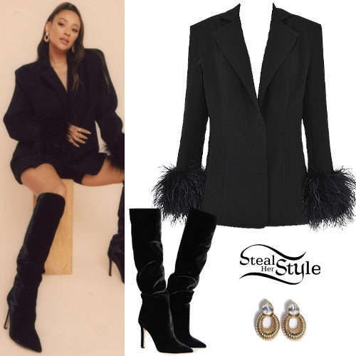 Feather-Trimmed Blazer and Velvet Knee-High Boots
