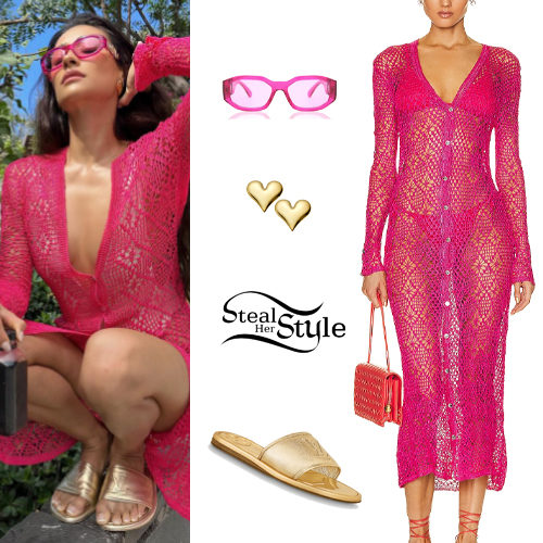 Pink Crochet Dress, Gold Sandals