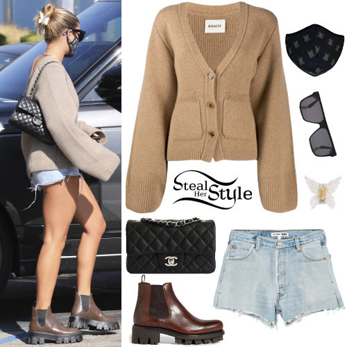Camel Cardigan, Denim Shorts