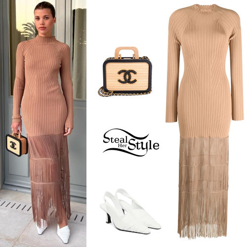 Fringed Ribbed Maxi Dress and White Slingback Pumps