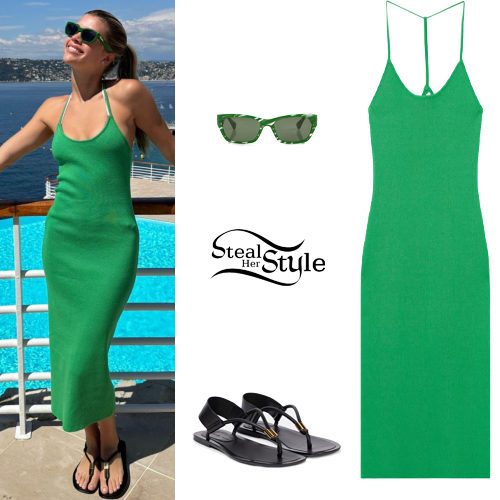Green Dress, Black Sandals