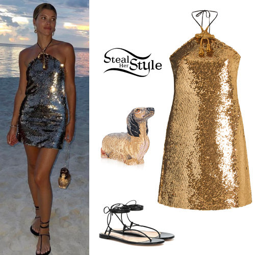 Gold Sequin Halter Mini Dress and Strappy Sandals