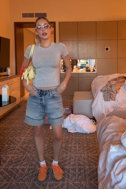 Grey Baby Tee, Denim Jorts and Orange Adidas Sneakers